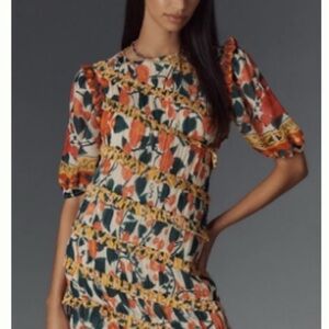FARM RIO X ANTHROPOLOGIE PUFF-SLEEVE FITTED MINI DRESS
